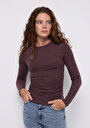 thumb-Slim Fit Yuvarlak Yaka Düz Kadın Mor Tişört
