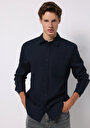 thumb-Slim Fit Shirt Neck Ekoseli Erkek Lacivert Uzun Kol Gömlek