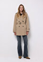 thumb-Regular Fit Kapüşonlu Düğmeli Astarlı Çıkarılabilir Kapüşonlu Kadın Bej Mont