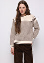 thumb-Regular Fit Yuvarlak Yaka Çizgili Kadın Bej Kazak