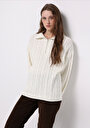 thumb-Oversize Fermuarlı Düz Kadın Ekru Kazak