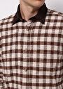 thumb-Comfort Fit Shirt Neck Kareli Erkek Kahverengi Uzun Kol Gömlek