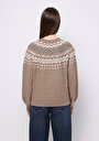 thumb-Regular Fit Turtle Neck Baskılı Kadın Bej Kazak
