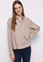 thumb-Relax Fit Shirt Neck Düz Kadın Bej Uzun Kol Gömlek