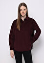 thumb-Relax Fit Shirt Neck Düz Kadın Bordo Uzun Kol Gömlek
