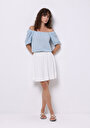 thumb-Regular Fit Kare Yaka Jakarlı Kadın Mavi Balon Kol Tişört