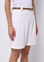 thumb-Regular Fit Yüksel Bel Düz Kadın Beyaz Şort