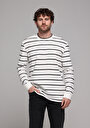 thumb-Comfort Fit Yuvarlak Yaka Çizgili Erkek Beyaz Uzun Kol Tişört