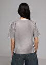 thumb-Regular Fit Yuvarlak Yaka Çizgili Kadın Bej Kısa Kol Tişört