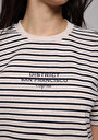 thumb-Regular Fit Yuvarlak Yaka Çizgili Kadın Bej Kısa Kol Tişört