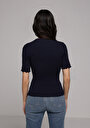 thumb-Slim Fit Yuvarlak Yaka Düz Kadın Lacivert Kısa Kol Tişört