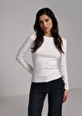 thumb-Slim Fit Yuvarlak Yaka Düz Kadın Beyaz Uzun Kol Tişört