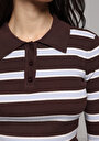 thumb-Slim Fit Polo Yaka Çizgili Kadın Kahverengi Kazak
