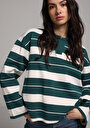 thumb-Regular Fit Polo Yaka Çizgili Kadın Yeşil Uzun Kol Tişört