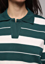 thumb-Regular Fit Polo Yaka Çizgili Kadın Yeşil Uzun Kol Tişört
