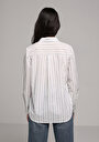 thumb-Regular Fit Shirt Neck Çizgili Kadın Beyaz Uzun Kol Gömlek