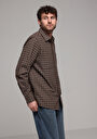 thumb-Comfort Fit Shirt Neck Ekoseli Erkek Kahverengi Uzun Kol Gömlek