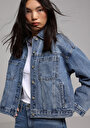 thumb-Oversize Fit Düğmeli Astarsız  Kadın Light İndigo Denim Ceket