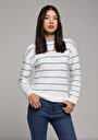 thumb-Slim Fit Yuvarlak Yaka Çizgili Kadın Ekru Kazak