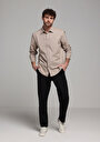 thumb-Regular Fit Shirt Neck Düz Erkek Bej Uzun Kol Gömlek