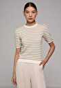 thumb-Slim Fit Yuvarlak Yaka Çizgili Kadın Yeşil Kısa Kol Tişört