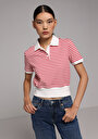 thumb-Slim Fit Polo Yaka Çizgili Kadın Kirmizi Kısa Kol Tişört