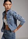 thumb-Slim Fit Klasik Yaka Düz Kadın Light İndigo Denim Shacket