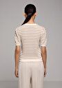 thumb-Slim Fit Yuvarlak Yaka Çizgili Kadın Bej Kısa Kol Tişört