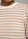 thumb-Slim Fit Yuvarlak Yaka Çizgili Kadın Bej Kısa Kol Tişört
