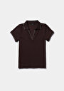thumb-Slim Fit Polo Yaka Düz Kadın Kahverengi Kısa Kol Tişört