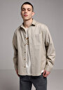 thumb-Relaxed Fit Shirt Neck Düz Erkek Bej Uzun Kol Gömlek