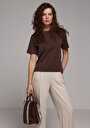 thumb-Boxy Fit Yuvarlak Yaka Düz Kadın Kahverengi Kısa Kol Tişört