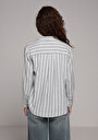 thumb-Fashion Fit Shirt Neck Çizgili Kadın Yeşil Uzun Kol Gömlek