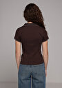 thumb-Slim Fit Polo Yaka Düz Kadın Kahverengi Kısa Kol Tişört