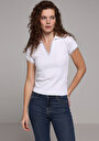 thumb-Slim Fit Polo Yaka Düz Kadın Beyaz Kısa Kol Tişört