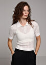 thumb-Slim Fit Polo Yaka Düz Kadın Ekru Kısa Kol Kazak
