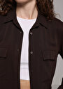 thumb-Regular Fit Shirt Neck Düz Kadın Kahverengi Uzun Kol Gömlek