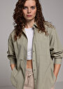 thumb-Boyfriend Fit Shirt Neck Düz Kadın Yeşil Uzun Kol Gömlek