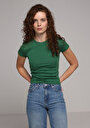 thumb-Slim Fit Yuvarlak Yaka Düz Kadın Yeşil Kısa Kol Tişört