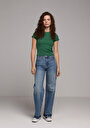 thumb-Slim Fit Yuvarlak Yaka Düz Kadın Yeşil Kısa Kol Tişört