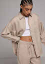 thumb-Boyfriend Fit Shirt Neck Düz Kadın Bej Uzun Kol Gömlek