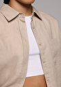 thumb-Boyfriend Fit Shirt Neck Düz Kadın Bej Uzun Kol Gömlek