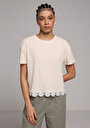 thumb-Regular Fit Yuvarlak Yaka Düz Kadın Ekru Kısa Kol Tişört