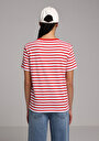 thumb-Regular Fit Yuvarlak Yaka Çizgili Kadın Kirmizi Kısa Kol Tişört