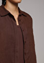 thumb-Boyfriend Fit Shirt Neck Düz Kadın Kahverengi Uzun Kol Gömlek