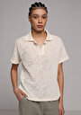 thumb-Regular Fit Polo Yaka Jakarlı Kadın Ekru Kısa Kol Tişört