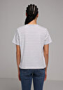 thumb-Regular Fit Yuvarlak Yaka Çizgili Kadın Mavi Kısa Kol Tişört