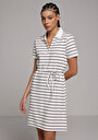thumb-Regular Fit Çizgili Kadın Siyah Kısa Kol Elbise