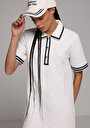 thumb-Regular Fit Jakarlı Kadın Beyaz Kısa Kol Elbise