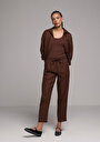 thumb-Regular Fit Yüksel Bel Düz Paça Kadın Kahverengi  Pantolon